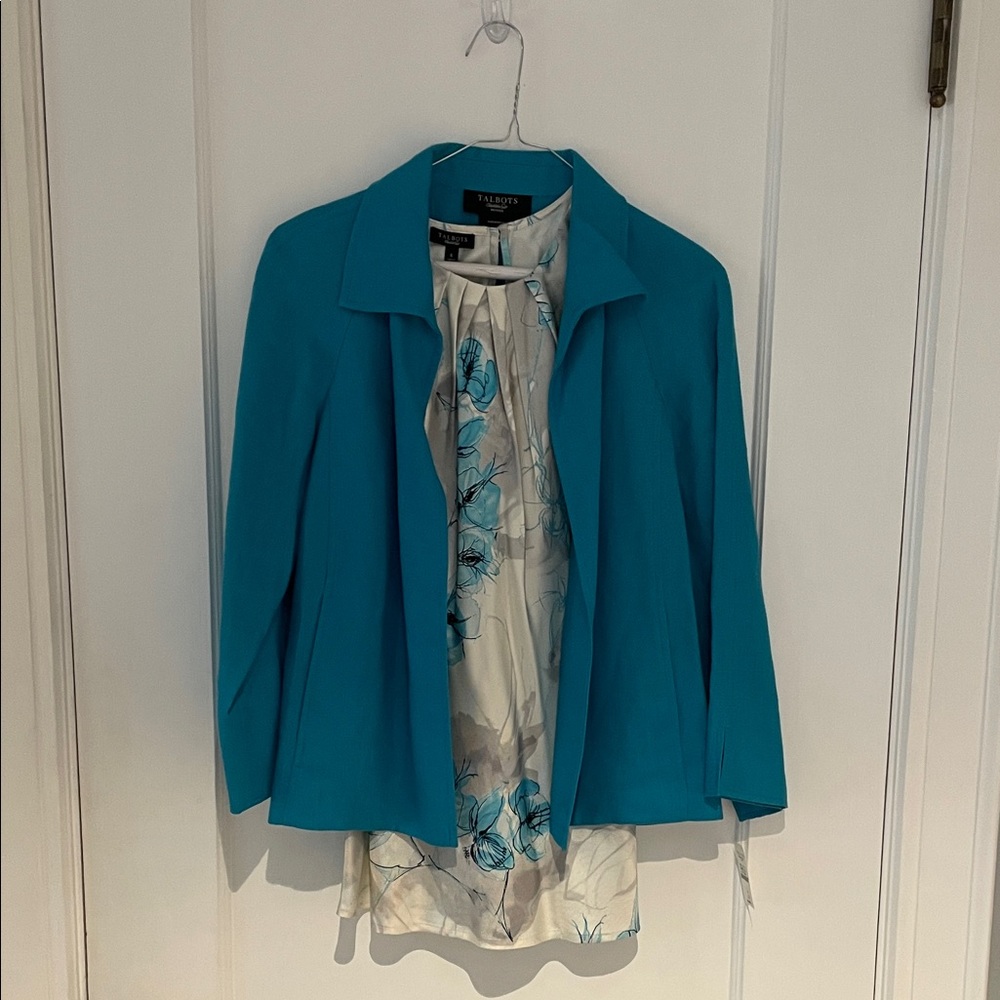 Talbots Women's Teal Pure Irish Linen Blazer with Matching Silk Floral Top